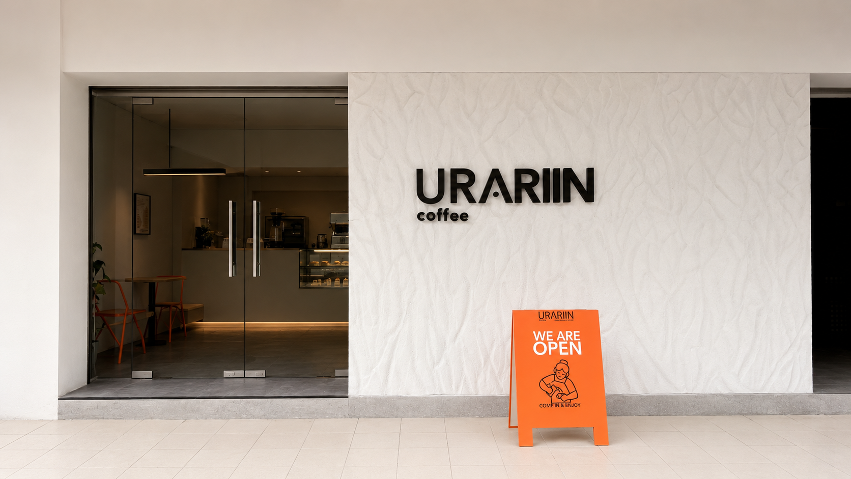 The long counter at URARIIN Coffee bathed in evening light